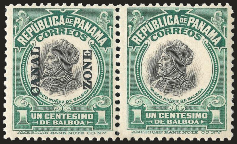 1921, 1c Light Green & Black, Horizontal Pair, Right Stamp Without Ovpt. (55b).> Horizontal pair, slightly disturbed original gum, bright color, Fine-Very Fine, scarce, only ten copies were issued, with 2006
P.F. certificate
