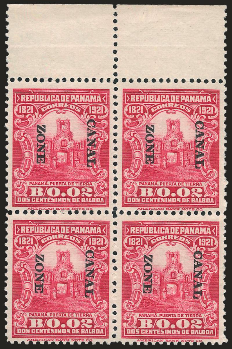 1921, 2c Carmine, Ovpt. Reading Down (61a).> Mint N.H. block of four with selvage at top, brilliant color on crisp paper, Very Fine and choice, with 1999 P.F. certificate, Scott Retail as hinged