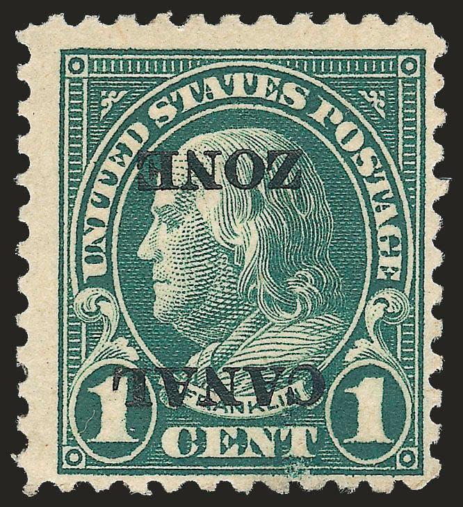 1924, 1c Green, Inverted Ovpt. (71a).> Deep rich color, tiny surface scrapes at bottom, otherwise Fine, the Canal Zone Study Group believes there were only 50 of this error printed, with 1999 P.F.
certificate