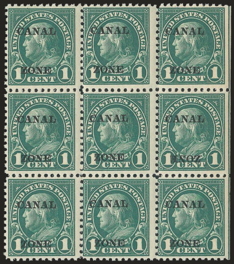 1924, 1c Deep Green, Zone Inverted (71b).> Right center stamp in Mint N.H. block of nine with eight normal, natural s.e. at right, rich color, Fine, with 1999 P.F. certificate, Scott Retail as hinged
variety