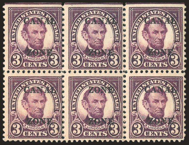 1925, 3c Violet, Zone Zone Ovpt. (85a).> Bottom center stamp in block with five normal, natural s.e. at top, tropicalized original gum, rich color, Fine, scarce, with 2006 P.F. certificate