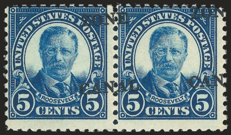 1926, 5c Dark Blue, Zone Canal (86e, 86e var).> Mint N.H. horizontal pair, <left stamp ZON CAN and right stamp with ZONE CANAL split vertically,> rich color, fresh and Fine, this likely comes from the leftmost
two rows of the plate (or else the