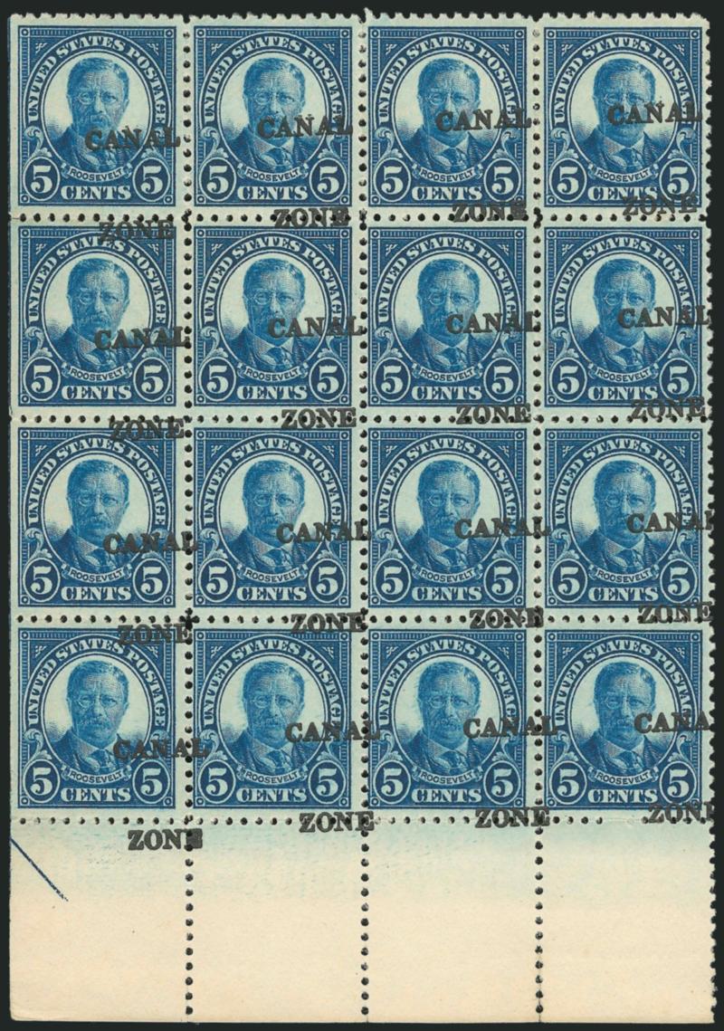 1926, 5c Dark Blue, Canal Only Ovpt. (86h).> Bottom margin block of sixteen with part arrow and natural s.e. at left, top left stamp Canal only, three stamps Zone Canal , most others with vertically split Zone,
top row lightly hinged, bottom