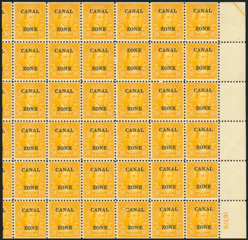 1925, 10c Orange, Zone Zone (87a).> Position 18 in <pane of 100> from Plate 16378, slightly tropicalized original gum, brilliant color, choice centering, Position 79 natural paper inclusion, choice
centering<><>^VERY FINE. ONLY FIVE COPIES OF THE