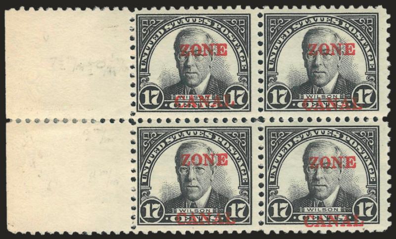 1926, 17c Black, Zone Canal (91c).> Block of four with selvage at left, bottom stamps Mint N.H., h.r. in selvage where few perf separations sensibly reinforced, intense shade, light pencil notation in selvage,
Fine, attractive multiple, Scott Retai