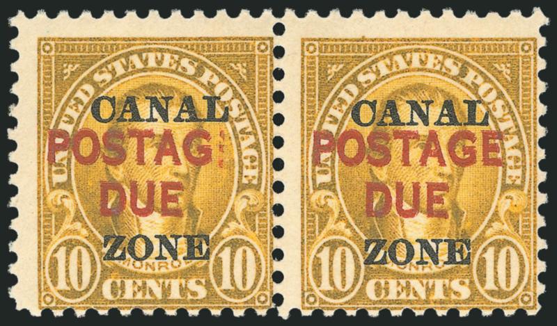 1925, 10c Orange, Postage Due, Postage Due Double, Postag Due Double (J17a, J17c).> Horizontal pair, Positions 83-84, slightly tropicalized original gum, intense color which is slightly oxidized<><>^FINE AND
RARE EXAMPLE OF THIS DOUBLE OVERPRIN