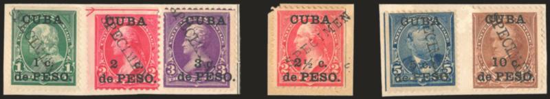 1899, 1c-10c on 1c-10c 1899 Issue, Specimen Overprints (221S-226S).> Three small pieces each with between one and three stamps affixed, large Specimen handstamp(one stamp is tied by it), both 2c s.e. on one
side, Fine, prepared for the 1900 Paris