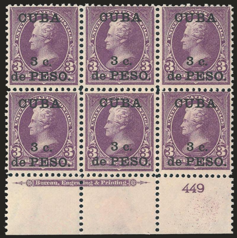1899, 3c on 3c Purple (224).> Bottom imprint and plate no. 449 block of six, original gum, stamps Mint N.H., h.r. in center selvage, rich color, Very Fine, a pretty plate block