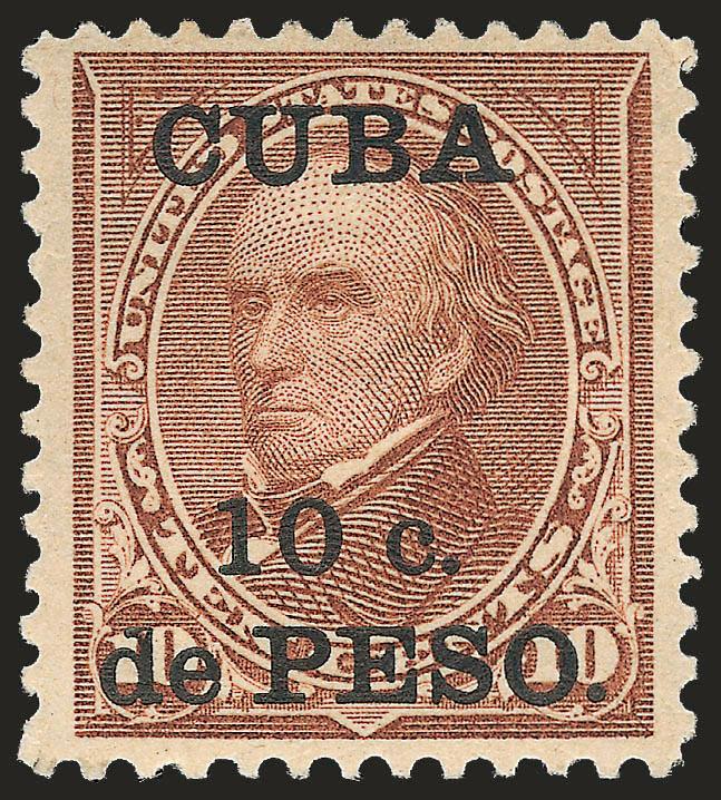 1900, 10c on 10c Brown, Ty. II (226A).> Original gum, h.r., pretty shade, wide margins<><>^VERY FINE AND CHOICE. A BEAUTIFUL EXAMPLE OF THE CUBA 10-CENT ON 10-CENT TYPE II SPECIAL PRINTING.^<><>Signed in pencil
by Bartels and one other.
