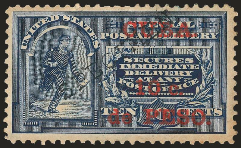 1899, 10c on 10c Blue, Special Delivery, Specimen Ovpt. (E1S).> Large part tropicalized original gum, h.r., large Specimen overprint, some slight toning, otherwise Very Fine, scarce, this type of overprint was
used on stamps at the 1900 Paris Exh