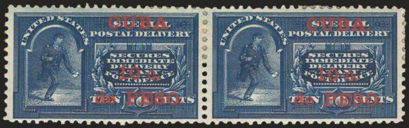 1899, 10c on 10c Blue, Special Delivery, No Period After Cuba (E1, E1a).> Se-tenant pair, left stamp missing the period, right stamp normal, original gum, h.r., rich color, few sensibly reinforced perf
separations, Very Fine, the se-tenant pair is