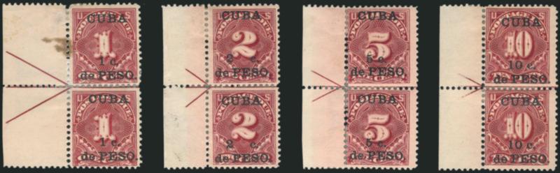 1900, 1c-10c Deep Claret, Postage Due, Paris Exposition Special Printings (J1 var-J4 var).> Left arrow vertical pairs, original gum, h.r. where some perf separations sensibly reinforced, each with purple Special
Surcharge backstamp, 1c some toning o