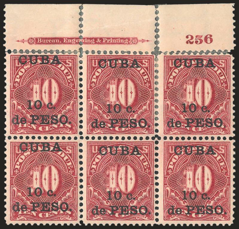 1899, 10c on 10c Deep Claret, Postage Due (J4).> Top and bottom imprint and plate no. 256 blocks of six, top with some perf separations reinforced by h.r., bottom tropicalized original gum, Fine