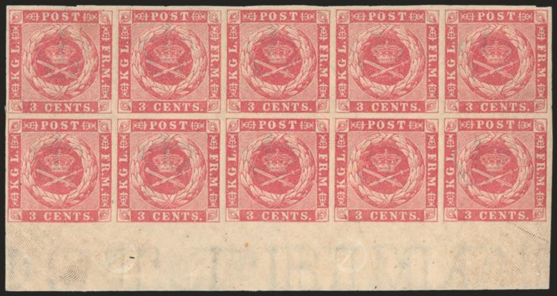 1866, 3c Rose (2).> Bottom margin block of ten, Positions 184-188194-198, large margins other sides, slightly tropicalized original gum, clear papermakers watermark in margin, Very Fine and choice, sound
multiples are scarce, Scott Retail as two bl