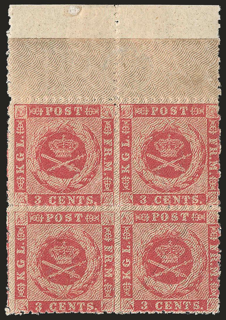 1872, 3c Rose (3).> Top selvage block of four, original gum, h.r., rich color, right stamps natural paper wrinkle, Very Fine