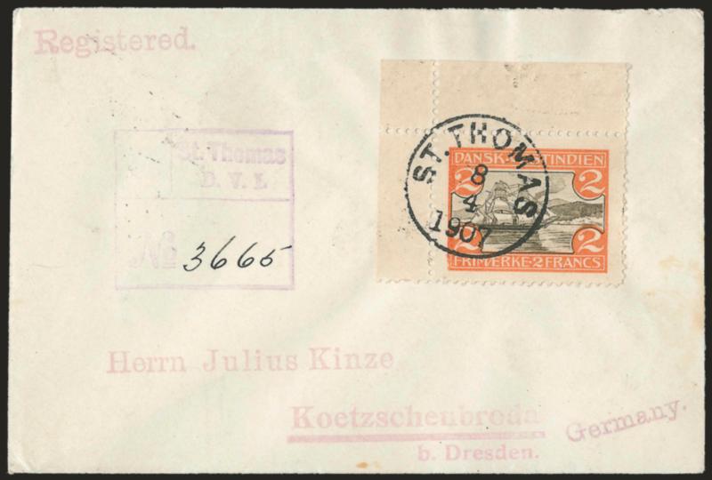 1905, 2fr Orange Red & Brown (38).> Top left corner selvage, cancelled by well-struck St. Thomas 8 4 1907 circular datestamp on registered cover <to Dresden, Germany,> registry markings at left, receiving
backstamp, Extremely Fine, an immaculate an