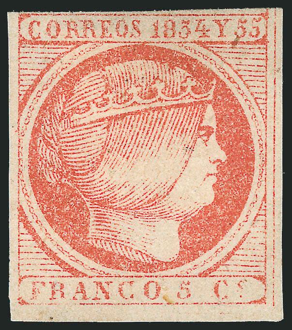 1855, 5c Vermilion, Redrawn (7).> Unused (no gum), large margins to just in at top, radiant color, small thin spot at bottom<><>^FINE AND RARE EXAMPLE OF THE REDRAWN 1855 5-CENT PHILIPPINES ISSUE.^<><>On the
redrawn stamp, the inner circle is not