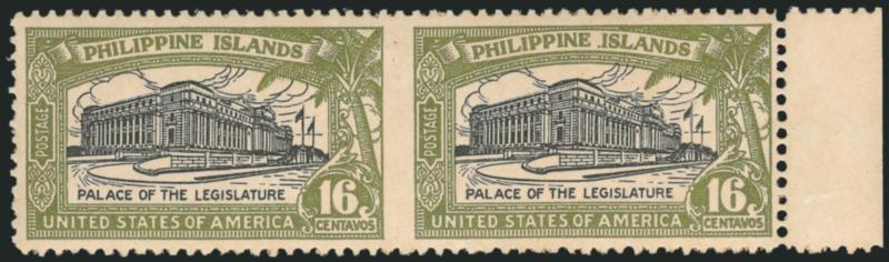 1926, 16c Olive Green & Black, Horizontal Pair, Imperforate Between (321a).> Mint N.H. with selvage at right, deep rich colors, Very Fine and choice, backstamp in selvage only, with 2000 P.F.
certificate