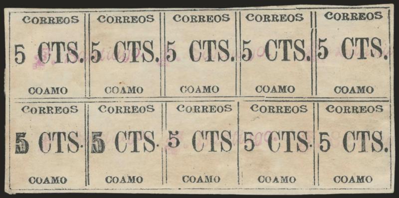 PUERTO RICO, Coamo Provisional, 1898, 5c Black, Ty. I-II-III-IV (201).> Complete sheet of ten, tropicalized original gum described on accompanying certificate as original gum, F. Santiago control mark, top right
stamp with tiny thin spot at top<><>