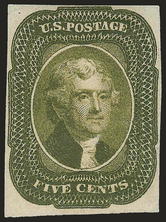 5c 1856 Issue, Trial Color Plate Proofs on Wove (12TC5).> Four, incl. Rose Brown, Pale Brown, Olive Green and Deep Orange, large margins to clear, rich colors, few tiny imperfections including one slightly
oxidized, one with small thin, Very Fine app