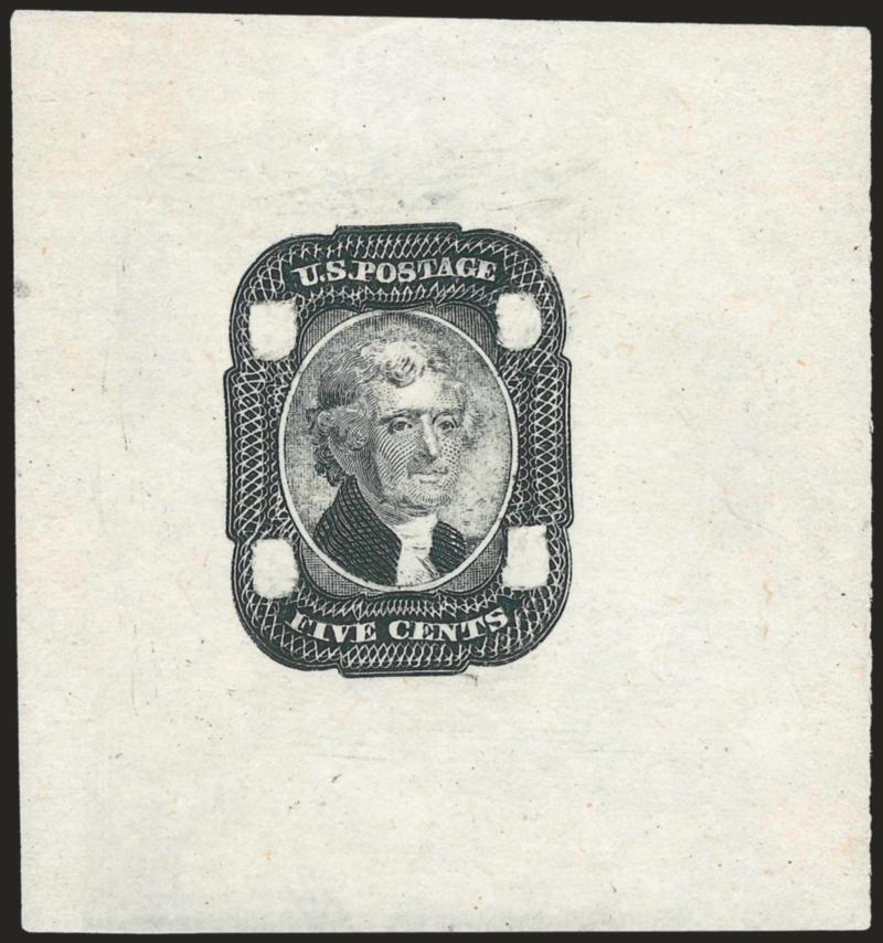 5c Black, Toppan, Carpenter & Co. Die I Essay on Old Proof Paper (67-E2var).> Approx. 50 x 52mm, the Die I essays show incomplete shading in the background of the vignette, Scott lists the 1903 Die II
Schernikow essays but not this 1861 essay, Brazer
