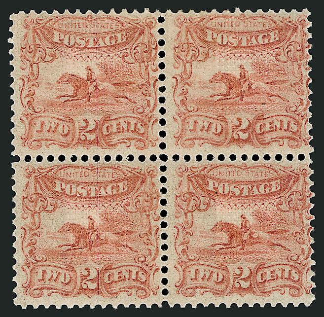 2c Small Numeral, Plate Essay on Stamp Paper, Perforated 12, Grilled (113-E3e).> Block of four in Brown Rose, original gum, bottom stamps Mint N.H., pretty color, Very Fine, Scott Retail as singles