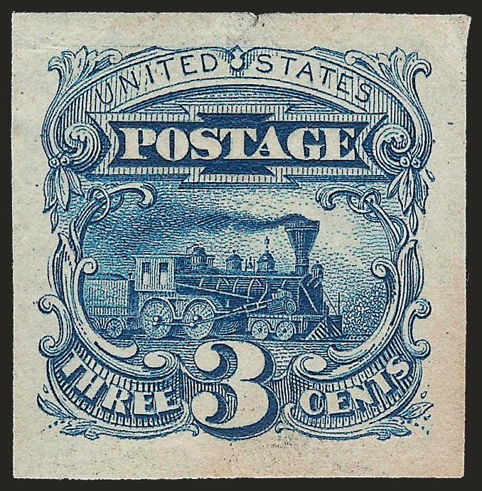 3c Ultramarine, Panama-Pacific Small Die Proof on Wove (114P2a).> 23 x 23.5mm, deep rich color, paper a bit toned as normally found on these, small faults incl. thins and small tear at top, still appears Very
Fine, rare, perhaps 3-5 are known, with 1