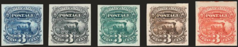 3c 1869 Pictorial Essays and Proofs.> 32 items, incl. complete set of Atlanta Trial Colors, also 114-E4b, 116-E6b (5), 114-E6c (2), 114-E6d (11), range of colors, also some plate proofs, hybrid large-die proof,
114 forgery, mostly Fine-Very Fine