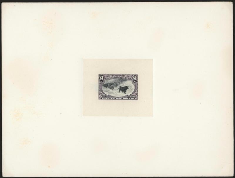 1c-$2.00 Trans-Mississippi, Large Die Bi-Color Essays (285-E8-293-E7).> Die sunk on 200mm x 150mm cards, $2.00 some light staining, mostly on card, $1.00 also very slightly affected, otherwise Very
Fine-Extremely Fine