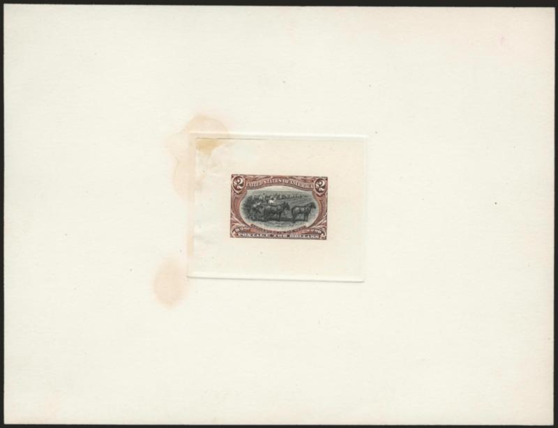 $2.00 Dark Orange Red & Black, Large Die Essay on India (293-E7).> On 193 x 146mm card with full die sinkage, rich colors, couple water stains on card affects top left of India paper, Very Fine
appearance