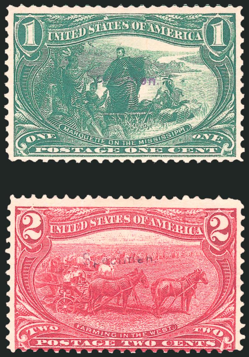 1c, 2c Trans-Mississippi, Specimen Ovpt. Ty. E (285S-E, 286S-E).> Clear strikes of Specimen overprint, unused (no gum), some faults, appear Fine