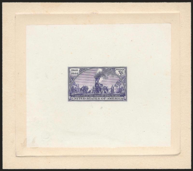 3c Transcontinental Railroad, Large Die Proof on India (922P1)> Mounted on 117 x 102mm card with full die sinkage, control no. on back, bit of extraneous glue at bottom left of India paper, Very Fine
appearance