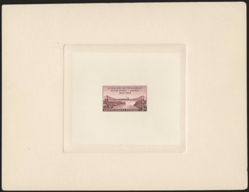 3c Brown-Violet, United States-Canada Friendship Issue, Large Die Trial Color Proof on India (987P1 Unlisted)> Mounted on 202 x 156mm card with full die sinkage, with blue control no. and engravers stock proof
handstamp on back, minor corner bend,