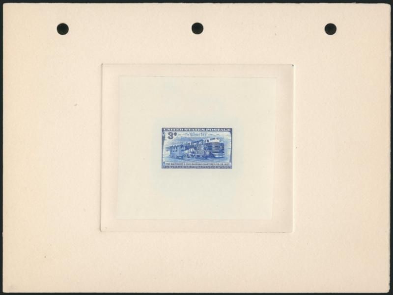 3c B&O Railroad Issue, Large Die Proof on India (1006P1)> Mounted on 202 x 152mm card with full die sinkage, three-hole punched, with blue control no., engravers stock proof handstamp and authorization initials
on back, Very Fine and choice, extreme