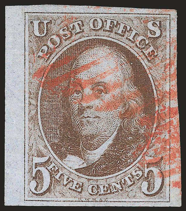 5c Brown (1).> Huge margins to large incl. <sheet margin at left,> pretty shade, neat strike of red New York square grid cancel, fresh and Extremely Fine Gem, a beautiful stamp, with 2006 P.S.E. certificate
(XF-Superb 95 SMQ $1,650.00)