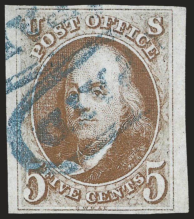 5c Red Brown (1).> Huge margins at sides, full at top and bottom, deep rich color and sharp proof-like impression, cancelled by two strikes of blue <Paid in oval> handstamps, Very Fine and choice, ex Garrett
and Wall, with 1975 P.F. certificate