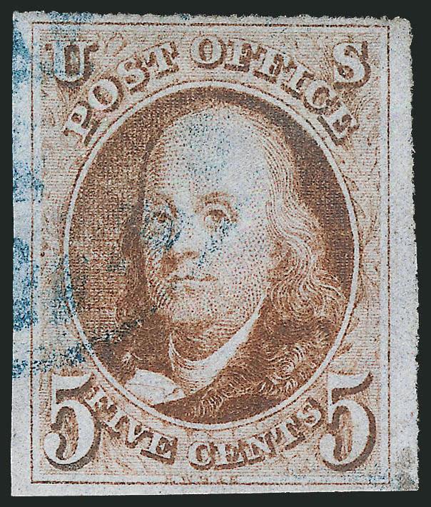 5c Red Brown (1).> Large to ample margins all around, excellent color, <blue town> cancel, Very Fine, with 1988 P.F. and 2008 P.S.E. certificates (VF 80 SMQ $500.00)