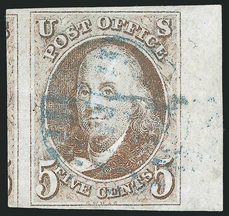 5c Red Brown (1).> Huge margins including <sheet margin> at right and large portion of adjoining stamp at left, almost Brown shade, <blue grid> cancel, light crease not mentioned on accompanying certificate
which does mention ms. cancel removed, Extr