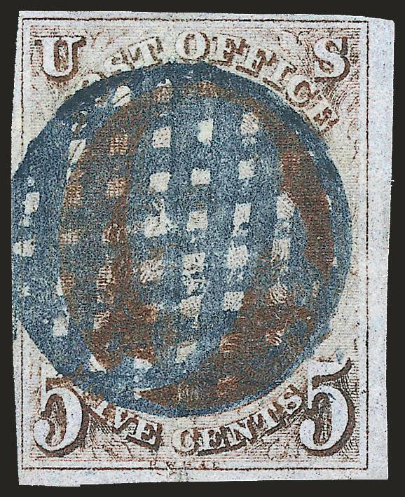 5c Red Brown (1).> Large margins to full, cancelled by well-struck <blue criss-cross grid> handstamp, faint vertical crease, Fine appearance, with 1996 P.F. certificate