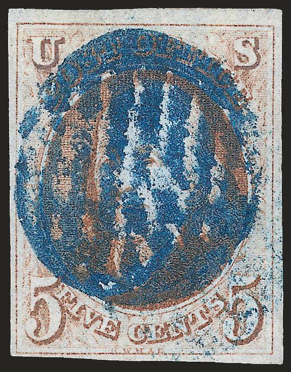 5c Orange Brown (1b).> Bright color nicely complemented by bold <blue grid> cancel struck twice, large margins to full, Very Fine, with 2003 P.F. certificate