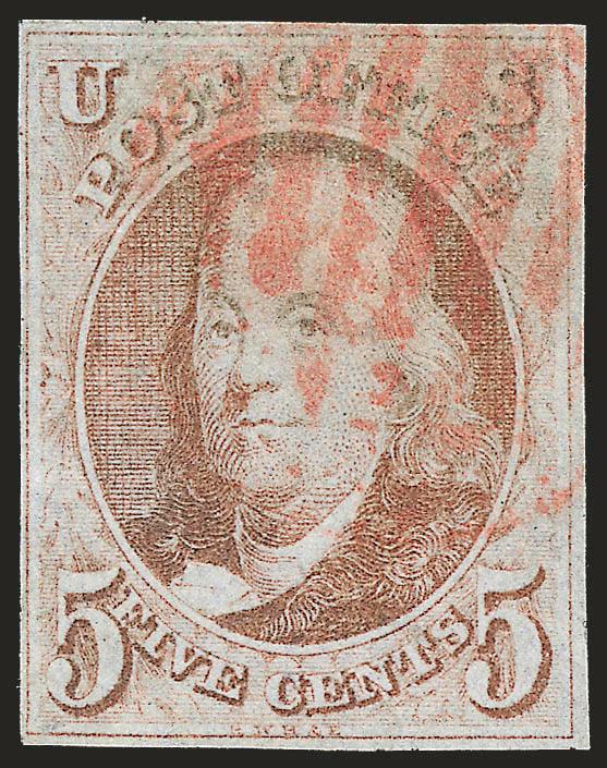 5c Red Brown (1).> Margins all around, attractive shade near Orange Brown, red grid cancel, Fine