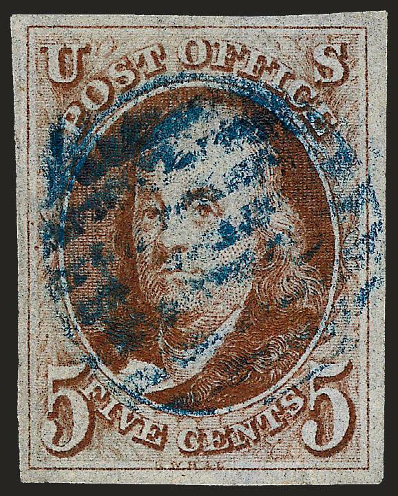 5c Red Brown (1).> Large margins all around, bright blue grid cancel, beautiful rich color, Very Fine and choice, with 1981 P.F. certificate as Brown Orange No. 1b (now 1d), and 2008 P.S.E. certificate as Red
Brown No. 1 (VF-XF 85 SMQ $600.00)