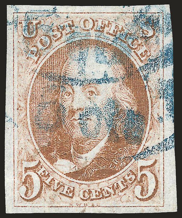 5c Red Brown (1).> Large to huge margins, bright shade, <blue Phila. circular datestamp> with <5 cts integral rate,> tiny tear at bottom right, Extremely Fine appearance, with 2002 P.F. certificate