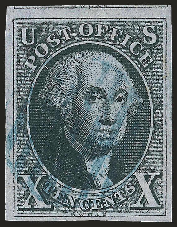 10c Black (2).> Large margins all around incl. part of adjoining stamp at top, intense shade and impression nicely complemented by <blue grid> cancel, fresh and Extremely Fine, with 2004 P.F. and 2006 P.S.E.
certificates (XF 90 SMQ $1,700.00)