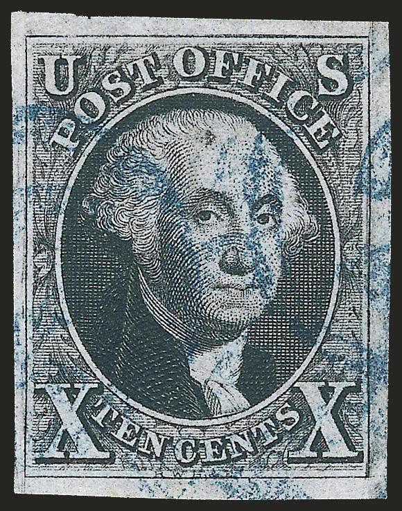 10c Black (2).> Large even margins, intense shade and proof-like impression, neat strikes of <blue numeral in circle> cancels, fresh and Extremely Fine, a gorgeous stamp, with 1981 and 2003 P.F.
certificates
