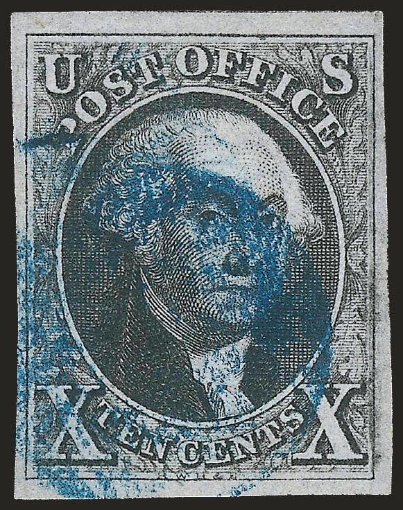 10c Black (2).> Large margins to full, crisp impression, well-struck <blue grid> cancel, Very Fine