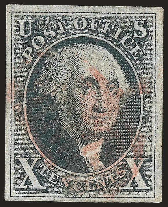 10c Black (2).> Large to huge margins, red cork cancel, small edge crease bottom left, otherwise Extremely Fine