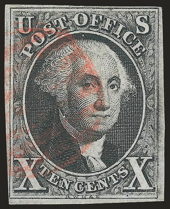 10c Black (2).> Full to clear margins all around, intense shade and impression, neat strike of red grid cancel, Fine