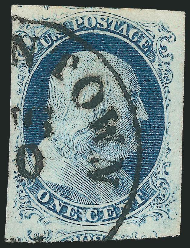 1c Blue, Ty. IV (9).> Recut twice at top and once at bottom, huge margins all around incl. significant portions of adjoining stamps at top and bottom, bold strike of circular datestamp, Extremely Fine, only
four positions on the plate are recut this
