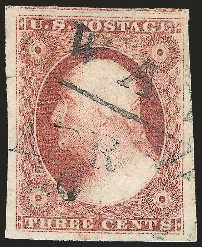 3c Claret, Ty. I (11 var).> Enormous margins all around, bright color in the distinctive Claret shade, neat strike of <Way> cancel and also light strike of circular datestamp, Extremely Fine Gem, a superb stamp
in every respect, with 2000 P.F. and